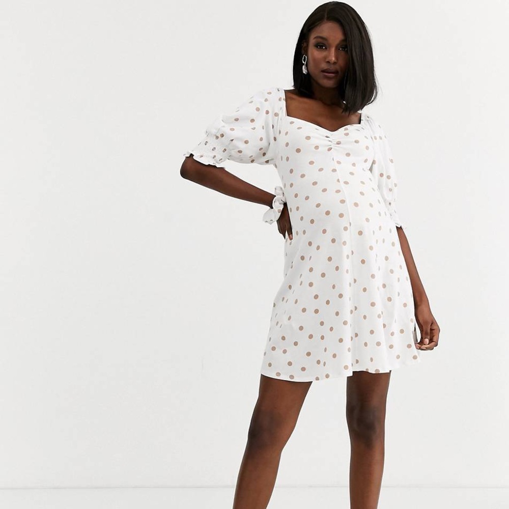 ASOS Maternity Polka Dot Textured Puff Sleeve Mini Dress Sz 10
